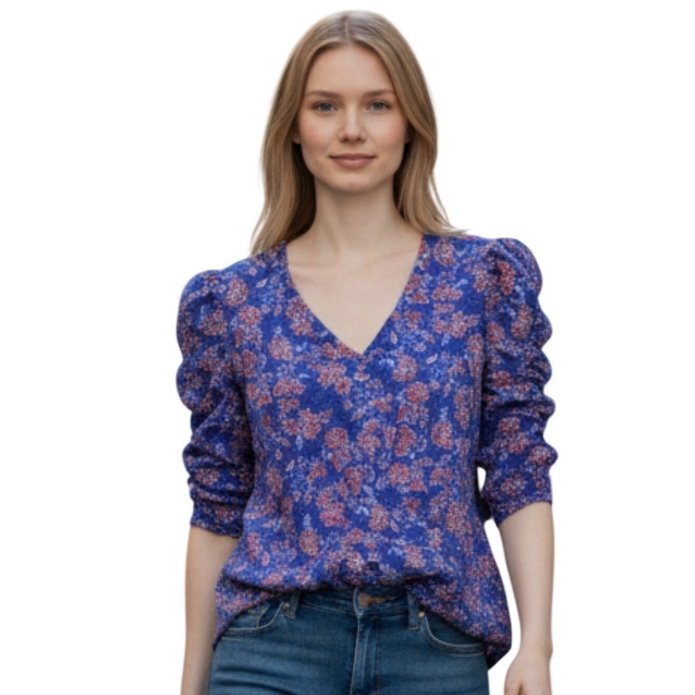 Loft Floral Ruched Sleeve Fairygrunge Women's size XL V-neck Romantic Casual Top